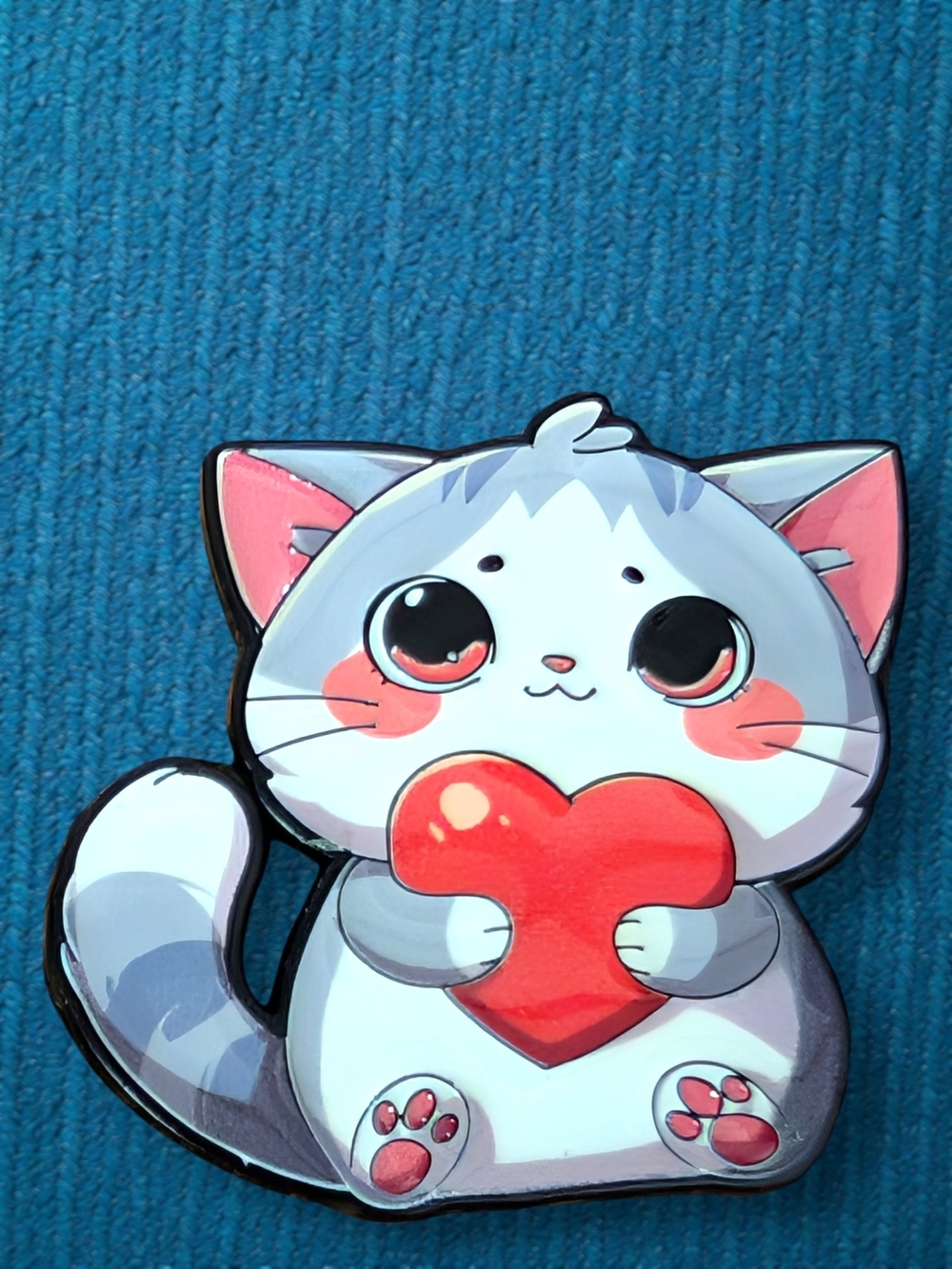 Gray and White Cat with Red Heart Enamel Pin